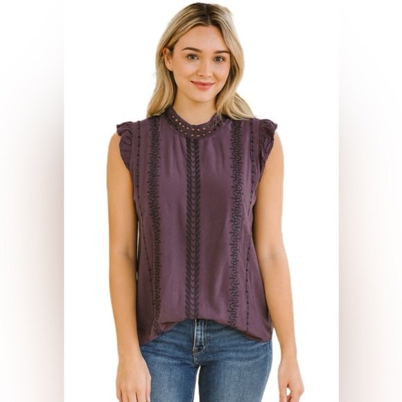 LOFT Purple Embroidered Blouse Small Ruffle Sleeve High Neck Boho NWT - Picture 1 of 7